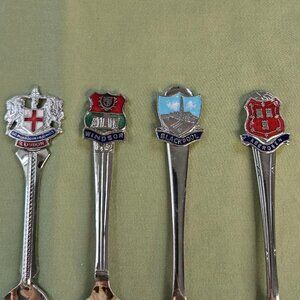 4 Vintage England Travel Souvenir Spoons - London, Windsor, Blackpool & Aberdeen